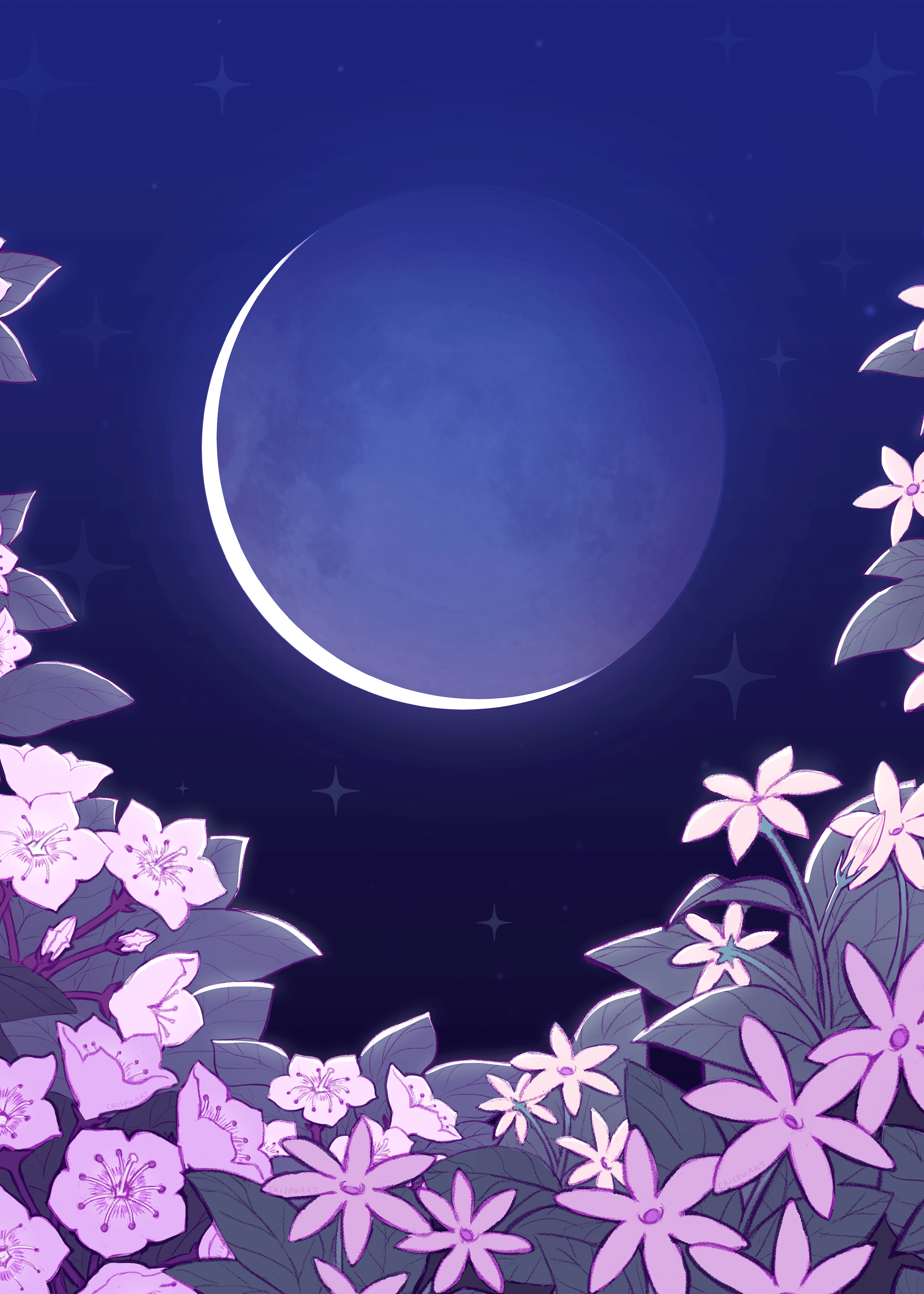 waxing cresent moon with flowers